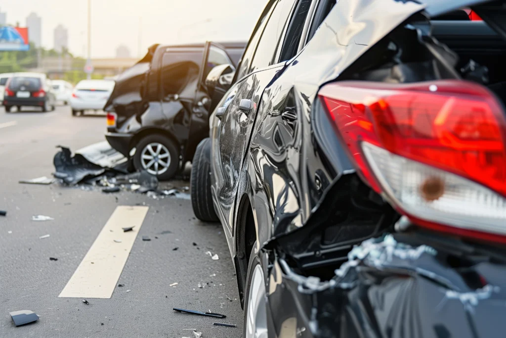 A severe car accident on a busy road shows two damaged vehicles, with debris scattered and the city skyline in the background.