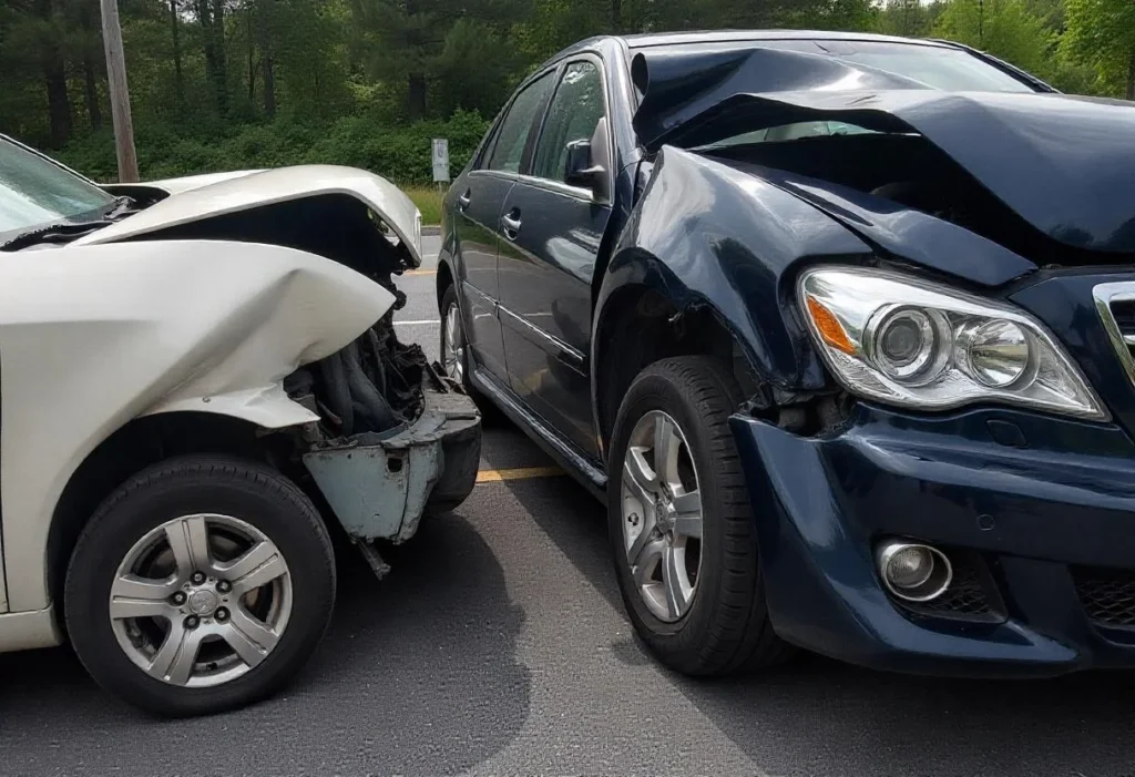 Two damaged cars parked close together; the white car has a crumpled front, while the blue car has severe damage to its driver's side.